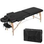 Lestarain Table de Massage Pliante Professionnelle, Lit de Massage Portable, Lit Esthétique en Bois avec Appui-tête et Sac de Transport, Hauteur Réglable, 185x58.5cm, Noir, LNOG0001