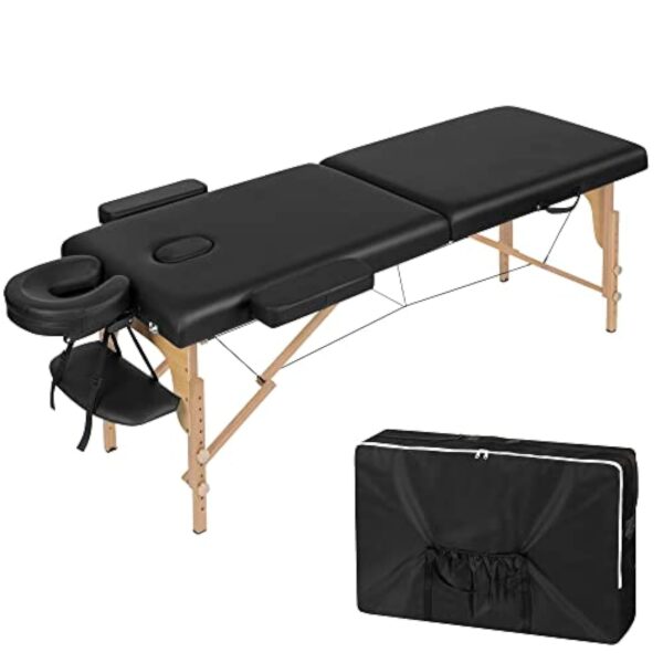 Lestarain Table de Massage Pliante Professionnelle, Lit de Massage Portable, Lit Esthétique en Bois avec Appui-tête et Sac de Transport, Hauteur Réglable, 185x58.5cm, Noir, LNOG0001