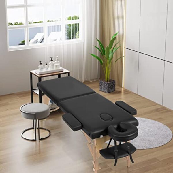 Lestarain Table de Massage Pliante Professionnelle, Lit de Massage Portable, Lit Esthétique en Bois avec Appui-tête et Sac de Transport, Hauteur Réglable, 185x58.5cm, Noir, LNOG0001 – Image 3