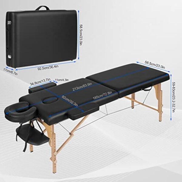 Lestarain Table de Massage Pliante Professionnelle, Lit de Massage Portable, Lit Esthétique en Bois avec Appui-tête et Sac de Transport, Hauteur Réglable, 185x58.5cm, Noir, LNOG0001 – Image 4