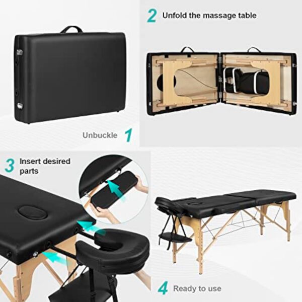 Lestarain Table de Massage Pliante Professionnelle, Lit de Massage Portable, Lit Esthétique en Bois avec Appui-tête et Sac de Transport, Hauteur Réglable, 185x58.5cm, Noir, LNOG0001 – Image 5