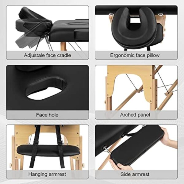 Lestarain Table de Massage Pliante Professionnelle, Lit de Massage Portable, Lit Esthétique en Bois avec Appui-tête et Sac de Transport, Hauteur Réglable, 185x58.5cm, Noir, LNOG0001 – Image 6