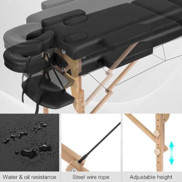 Lestarain Table de Massage Pliante Professionnelle, Lit de Massage Portable, Lit Esthétique en Bois avec Appui-tête et Sac de Transport, Hauteur Réglable, 185x58.5cm, Noir, LNOG0001 – Image 8
