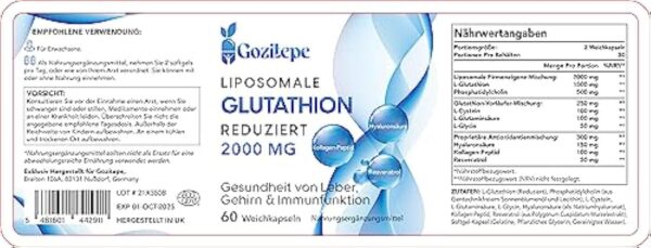 Liposomal Glutathion réduit 2000 mg par portion | Supplément de Glutathion avec Acide Hyaluronique + Peptide de collagène + Resvératrol pour un Puissant Antioxydant (120 Count) – Image 3
