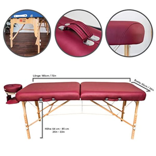 Lit de Massage Zen Round Corner Pliable et réglable en Hauteur - Table de Massage Mobile en Bois Massif avec des Bords arrondis pour des Styles de Massage Actifs (Bordeaux) – Image 3