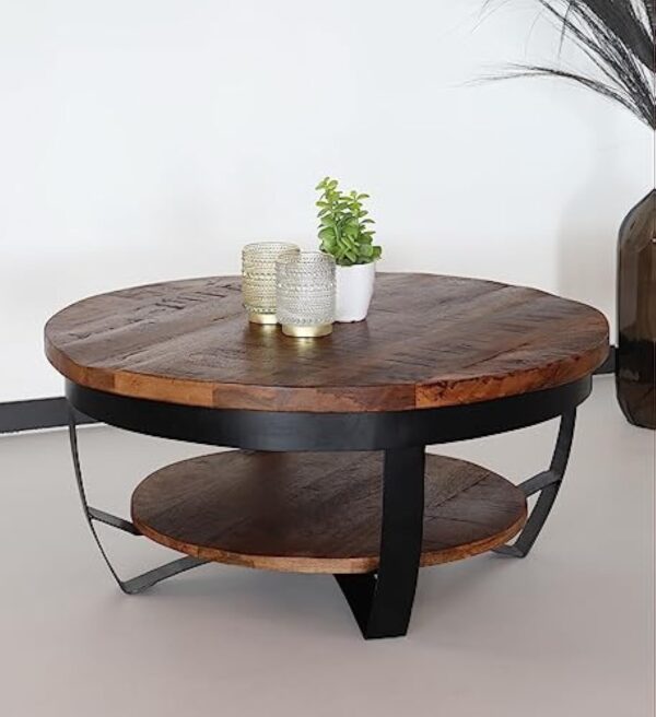 Lizzely Garden & Living Table Basse Ronde en Bois de manguier Sandy Style Industriel