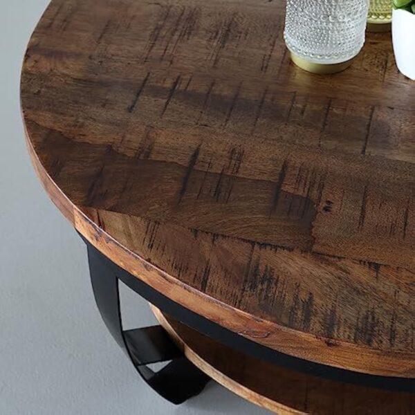 Lizzely Garden & Living Table Basse Ronde en Bois de manguier Sandy Style Industriel – Image 3