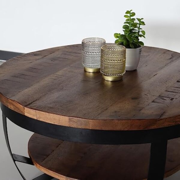 Lizzely Garden & Living Table Basse Ronde en Bois de manguier Sandy Style Industriel – Image 4