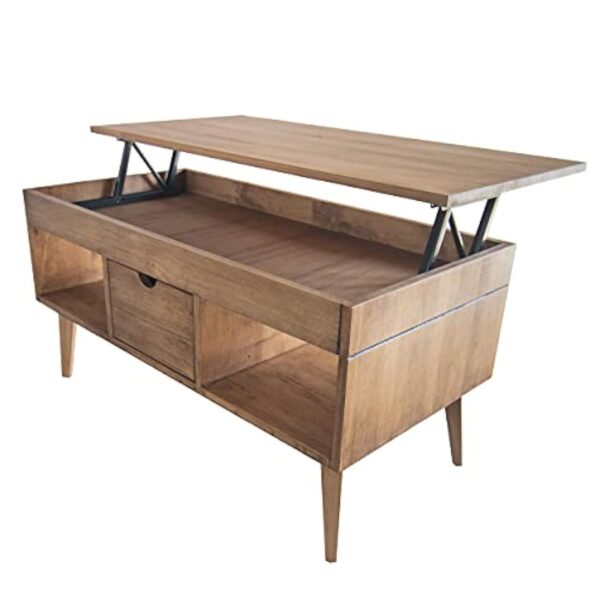 LoMasCasa - Table basse élévable modèle Karla avec tiroir coulissant central, bois massif de pin naturel couleur bois ciré, pieds coniques 100 x 50 x 47 cm