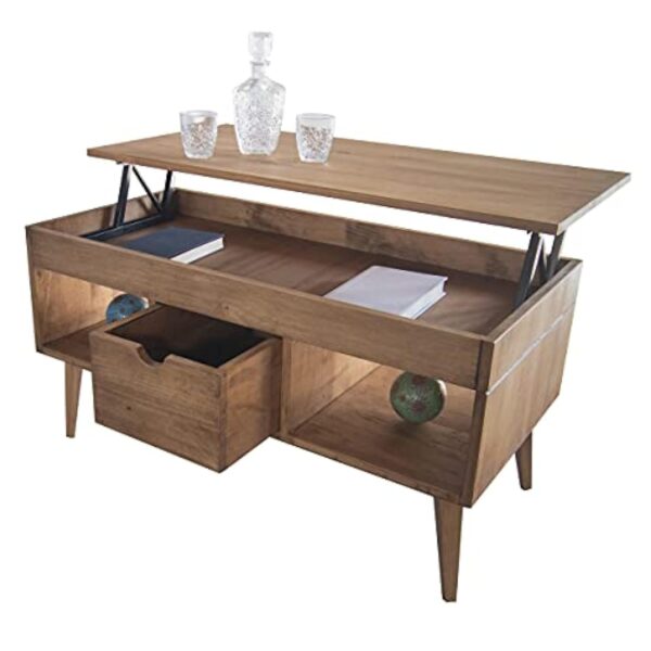 LoMasCasa - Table basse élévable modèle Karla avec tiroir coulissant central, bois massif de pin naturel couleur bois ciré, pieds coniques 100 x 50 x 47 cm – Image 3