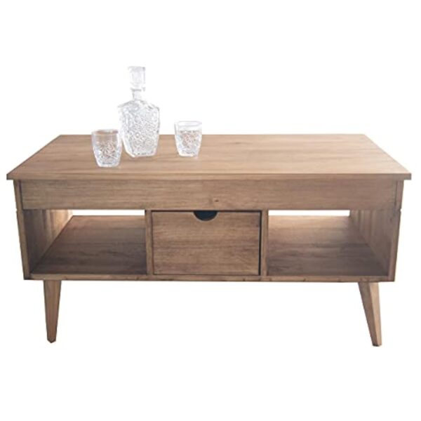 LoMasCasa - Table basse élévable modèle Karla avec tiroir coulissant central, bois massif de pin naturel couleur bois ciré, pieds coniques 100 x 50 x 47 cm – Image 4