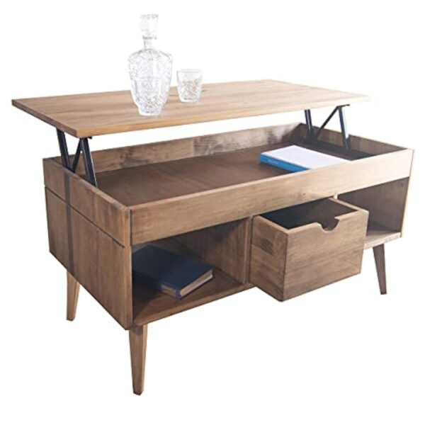 LoMasCasa - Table basse élévable modèle Karla avec tiroir coulissant central, bois massif de pin naturel couleur bois ciré, pieds coniques 100 x 50 x 47 cm – Image 7
