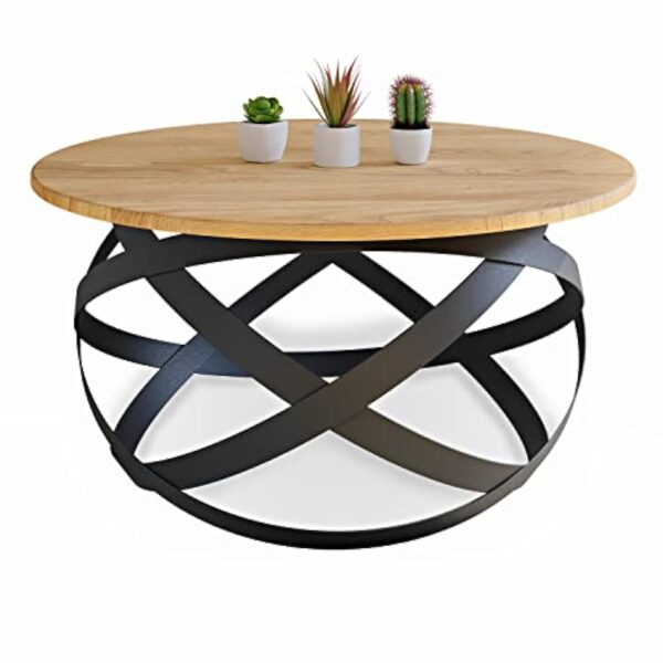 Lumarc Firenze, Table Basse de Salon Faite à la Main en Bois Massif de Chêne Naturel au Design Industriel Minimaliste Moderne, Ronde, Ø70x40 cm