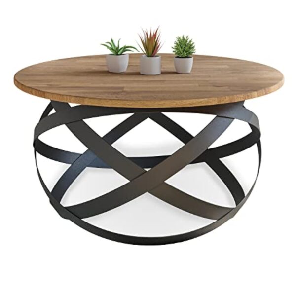 Lumarc Firenze, Table Basse de Salon Faite à la Main en Bois Massif de Hêtre Naturel au Design Industriel Minimaliste Moderne, Ronde, Ø70x40 cm