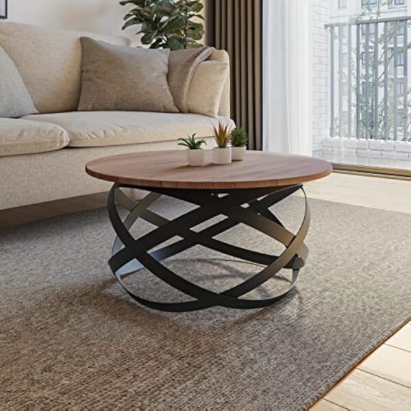 Lumarc Firenze, Table Basse de Salon Faite à la Main en Bois Massif de Hêtre Naturel au Design Industriel Minimaliste Moderne, Ronde, Ø70x40 cm – Image 3
