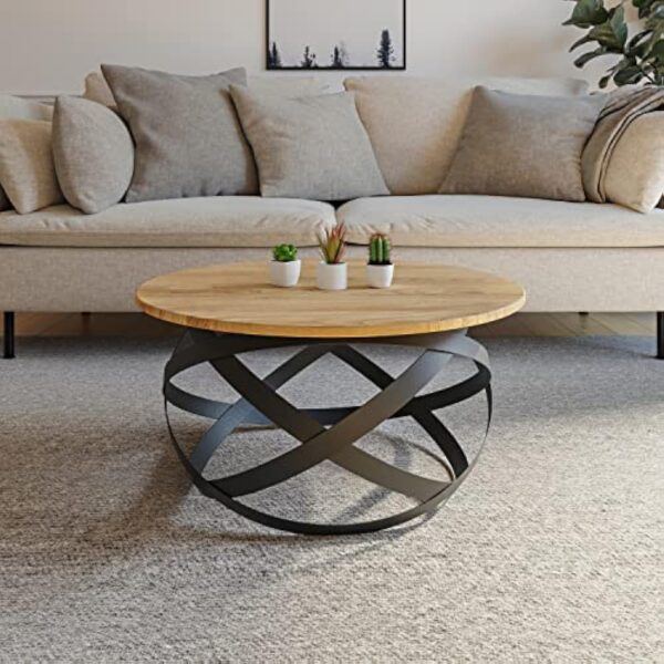 Lumarc Firenze, Table Basse de Salon Faite à la Main en Bois Massif de Chêne Naturel au Design Industriel Minimaliste Moderne, Ronde, Ø70x40 cm – Image 3