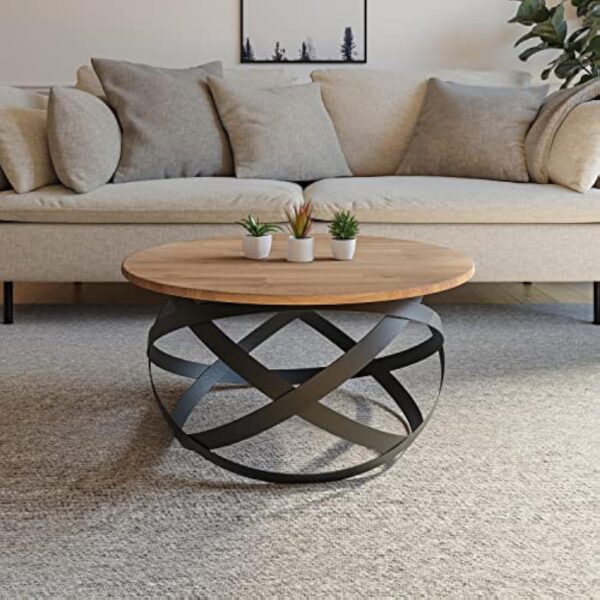 Lumarc Firenze, Table Basse de Salon Faite à la Main en Bois Massif de Hêtre Naturel au Design Industriel Minimaliste Moderne, Ronde, Ø70x40 cm – Image 4