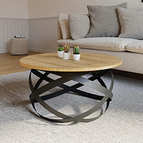Lumarc Firenze, Table Basse de Salon Faite à la Main en Bois Massif de Chêne Naturel au Design Industriel Minimaliste Moderne, Ronde, Ø70x40 cm – Image 4