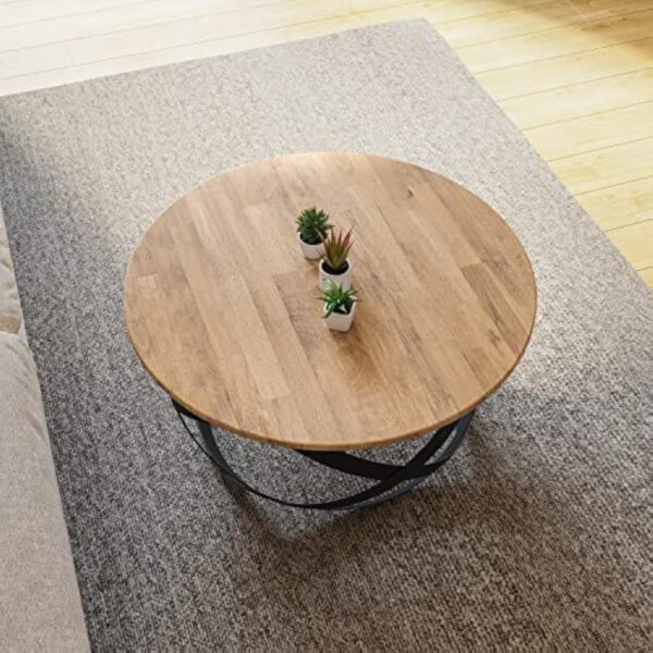 Lumarc Firenze, Table Basse de Salon Faite à la Main en Bois Massif de Hêtre Naturel au Design Industriel Minimaliste Moderne, Ronde, Ø70x40 cm – Image 5
