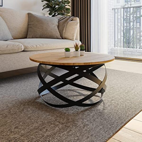 Lumarc Firenze, Table Basse de Salon Faite à la Main en Bois Massif de Chêne Naturel au Design Industriel Minimaliste Moderne, Ronde, Ø70x40 cm – Image 5