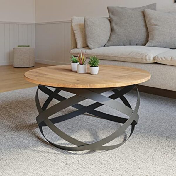 Lumarc Firenze, Table Basse de Salon Faite à la Main en Bois Massif de Hêtre Naturel au Design Industriel Minimaliste Moderne, Ronde, Ø70x40 cm – Image 6