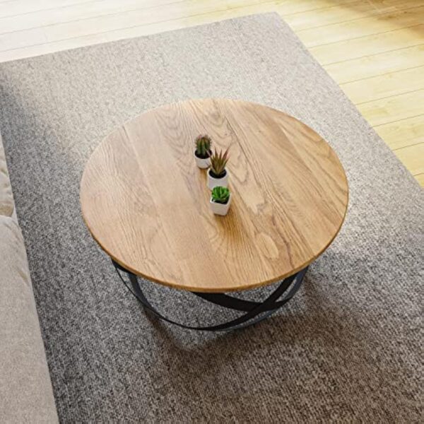 Lumarc Firenze, Table Basse de Salon Faite à la Main en Bois Massif de Chêne Naturel au Design Industriel Minimaliste Moderne, Ronde, Ø70x40 cm – Image 6
