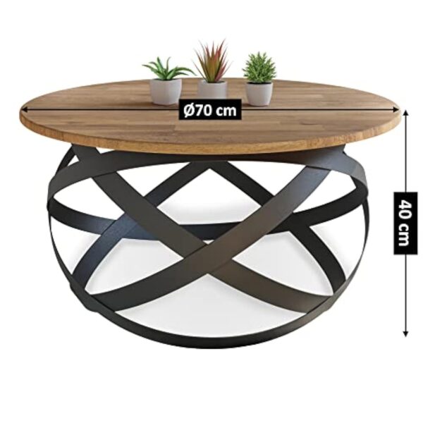 Lumarc Firenze, Table Basse de Salon Faite à la Main en Bois Massif de Hêtre Naturel au Design Industriel Minimaliste Moderne, Ronde, Ø70x40 cm – Image 8
