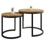 Lumarc Modena, Lot de 2 Tables Basses Gigognes de Salon Faites à la Main en Bois Massif de Chêne Naturel au Design Industriel Minimaliste Moderne, Ronde, Ø50x43 cm / Ø40x38 cm