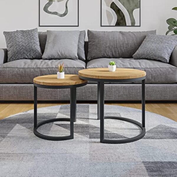 Lumarc Modena, Lot de 2 Tables Basses Gigognes de Salon Faites à la Main en Bois Massif de Chêne Naturel au Design Industriel Minimaliste Moderne, Ronde, Ø50x43 cm / Ø40x38 cm – Image 3