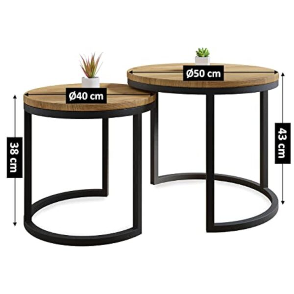 Lumarc Modena, Lot de 2 Tables Basses Gigognes de Salon Faites à la Main en Bois Massif de Chêne Naturel au Design Industriel Minimaliste Moderne, Ronde, Ø50x43 cm / Ø40x38 cm – Image 4