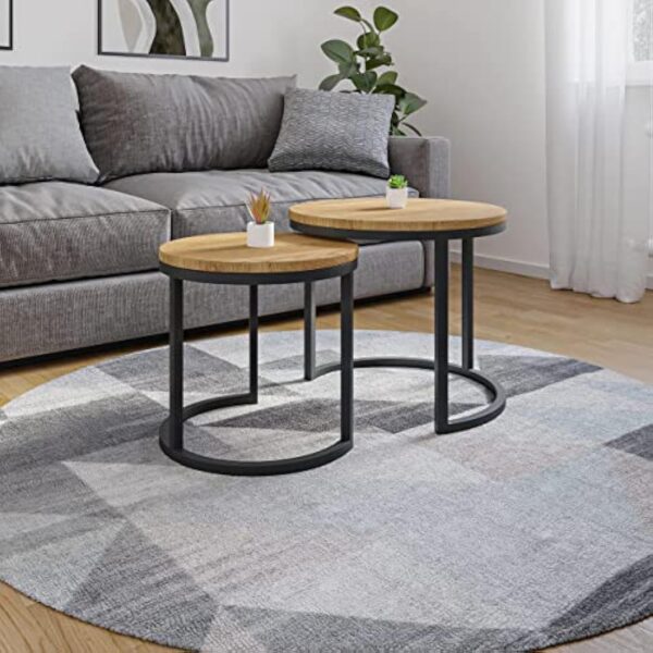 Lumarc Modena, Lot de 2 Tables Basses Gigognes de Salon Faites à la Main en Bois Massif de Chêne Naturel au Design Industriel Minimaliste Moderne, Ronde, Ø50x43 cm / Ø40x38 cm – Image 5