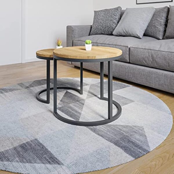 Lumarc Modena, Lot de 2 Tables Basses Gigognes de Salon Faites à la Main en Bois Massif de Chêne Naturel au Design Industriel Minimaliste Moderne, Ronde, Ø50x43 cm / Ø40x38 cm – Image 6