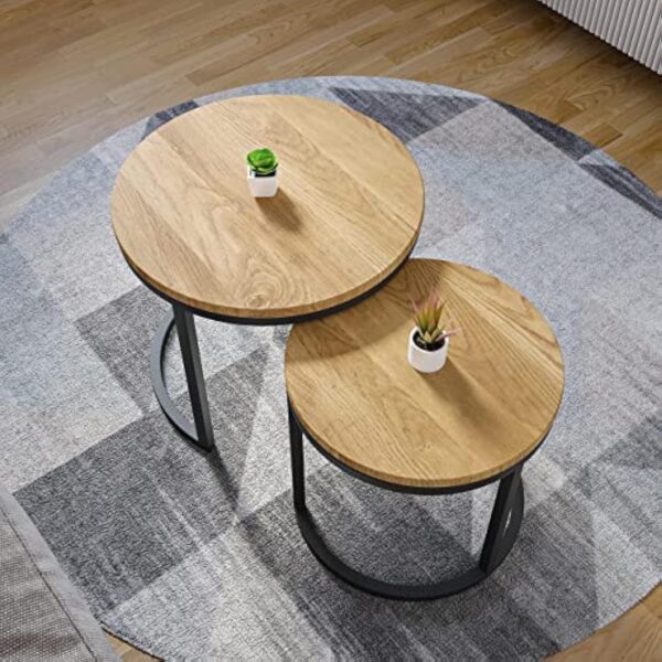 Lumarc Modena, Lot de 2 Tables Basses Gigognes de Salon Faites à la Main en Bois Massif de Chêne Naturel au Design Industriel Minimaliste Moderne, Ronde, Ø50x43 cm / Ø40x38 cm – Image 7