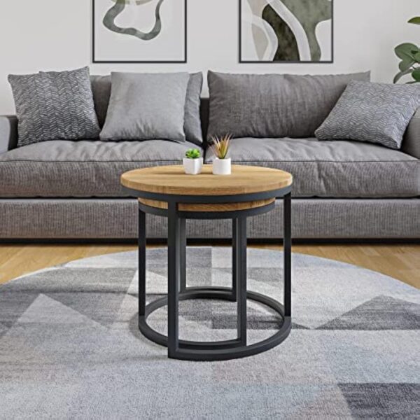 Lumarc Modena, Lot de 2 Tables Basses Gigognes de Salon Faites à la Main en Bois Massif de Chêne Naturel au Design Industriel Minimaliste Moderne, Ronde, Ø50x43 cm / Ø40x38 cm – Image 8
