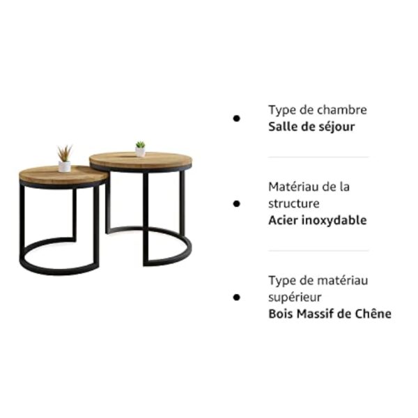 Lumarc Modena, Lot de 2 Tables Basses Gigognes de Salon Faites à la Main en Bois Massif de Chêne Naturel au Design Industriel Minimaliste Moderne, Ronde, Ø50x43 cm / Ø40x38 cm – Image 9
