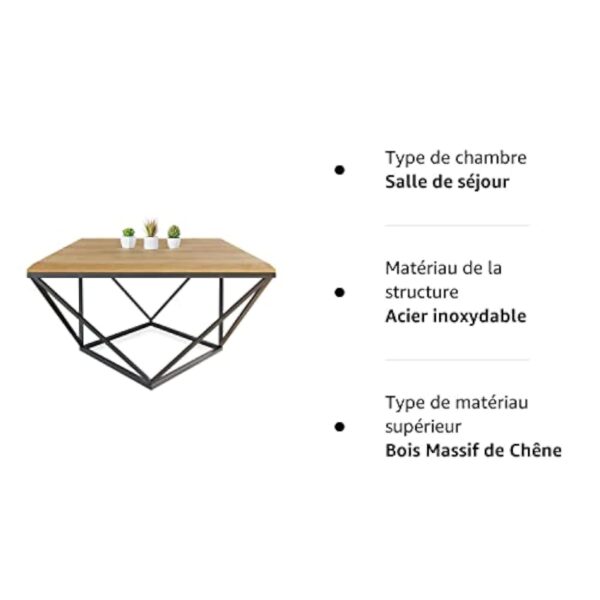 Lumarc Siena, Table Basse de Salon Faite à la Main en Bois Massif de Chêne Naturel au Design Industriel Minimaliste Moderne, Carrée, 70x70x40 cm – Image 9