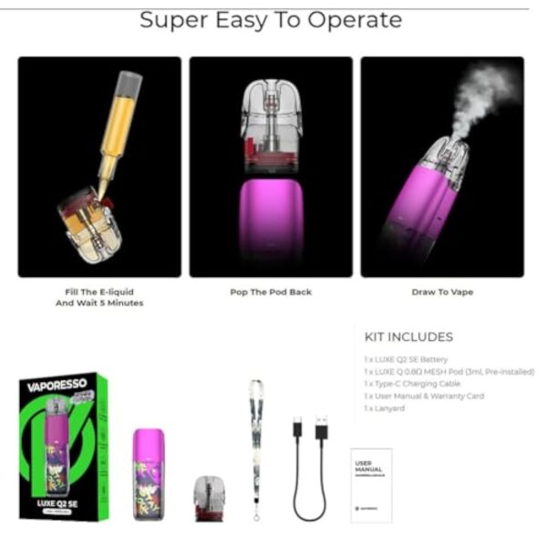 Luxe Q2 SE Kit | Vaporisateur Vaporesso LUXE Q2 SE Kit - Batterie 1000mAh intégrée avec 3ml LUXE Q Cartridge 0.8ohm Mesh Pod Cigarette électronique Vaporisateur Sans Nicotine Sans Liquide – Image 5