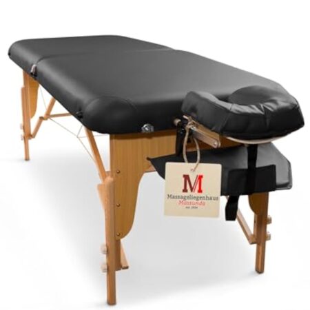 MASSUNDA Comfort Deluxe Table de Massage Pliable - Extra Large pour Plus de Confort, Réglable en Hauteur, Table de Traitement Mobile en Bois Massif - Appui-tête de Haute Qualité - Noir