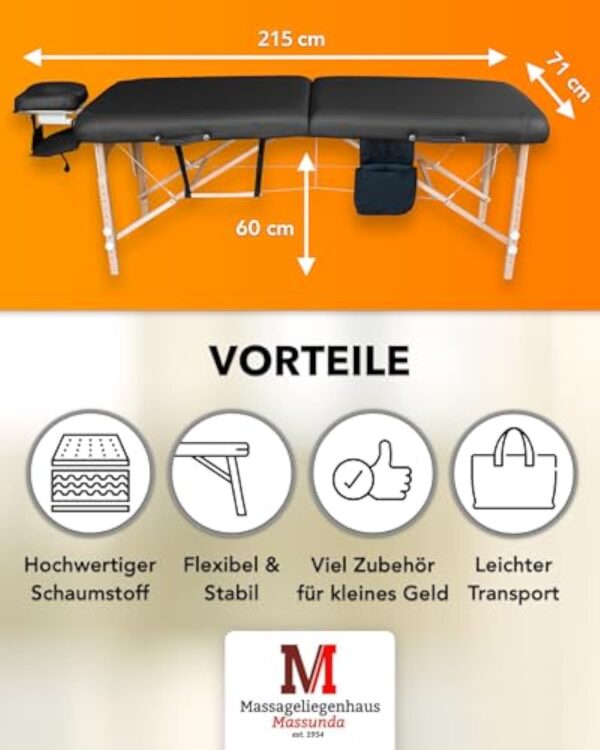 MASSUNDA Comfort Deluxe Table de Massage Pliable - Extra Large pour Plus de Confort, Réglable en Hauteur, Table de Traitement Mobile en Bois Massif - Appui-tête de Haute Qualité - Noir – Image 5
