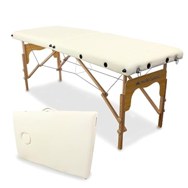 Mobiclinic, Table de massage pliante, Portable, CM-O1 Basic, 180x60 cm, Bois et similicuir, 2 zonas, Marque européenne, Hauteur réglable, Système de verrouillage, Supporte 250 kg, Crème – Image 2