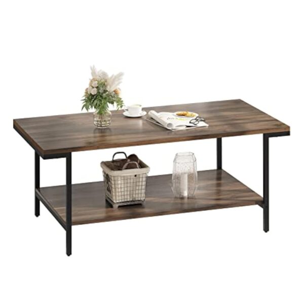 Novilla Table Basse de Salon Rectangulaire, Buffet Bas, avec 1 Étagère de Rangement Ouvert, Meuble de Salon Bureau Chambre, Cadre en Acier, Style Industriel, 110×60×45 cm, Noyer