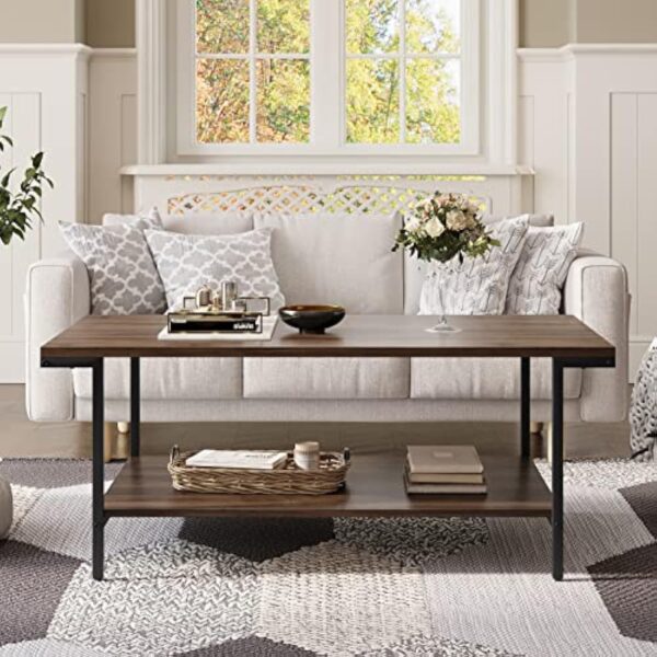 Novilla Table Basse de Salon Rectangulaire, Buffet Bas, avec 1 Étagère de Rangement Ouvert, Meuble de Salon Bureau Chambre, Cadre en Acier, Style Industriel, 110×60×45 cm, Noyer – Image 3