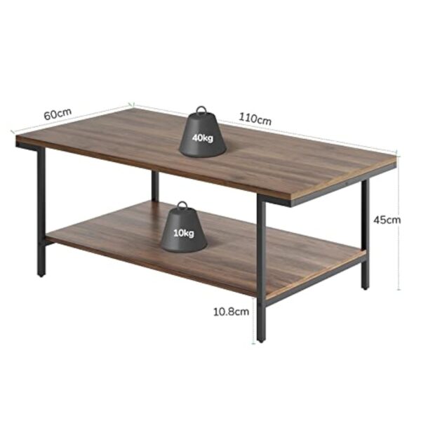 Novilla Table Basse de Salon Rectangulaire, Buffet Bas, avec 1 Étagère de Rangement Ouvert, Meuble de Salon Bureau Chambre, Cadre en Acier, Style Industriel, 110×60×45 cm, Noyer – Image 4