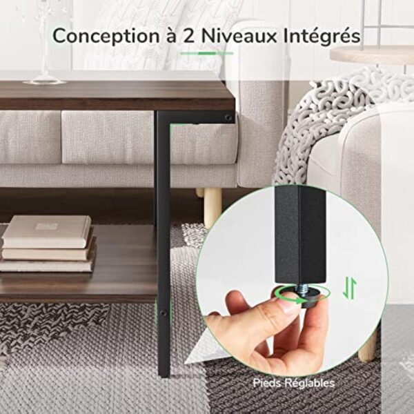 Novilla Table Basse de Salon Rectangulaire, Buffet Bas, avec 1 Étagère de Rangement Ouvert, Meuble de Salon Bureau Chambre, Cadre en Acier, Style Industriel, 110×60×45 cm, Noyer – Image 6