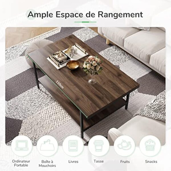 Novilla Table Basse de Salon Rectangulaire, Buffet Bas, avec 1 Étagère de Rangement Ouvert, Meuble de Salon Bureau Chambre, Cadre en Acier, Style Industriel, 110×60×45 cm, Noyer – Image 8