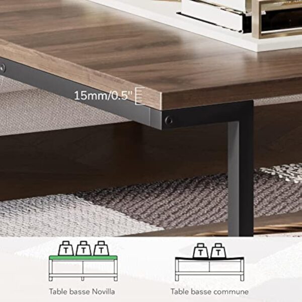 Novilla Table Basse de Salon Rectangulaire, Buffet Bas, avec 1 Étagère de Rangement Ouvert, Meuble de Salon Bureau Chambre, Cadre en Acier, Style Industriel, 110×60×45 cm, Noyer – Image 9