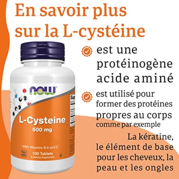 Now Foods, L-Cystéine, 500mg, 100 Comprimés, Acide Aminé, Testé en Laboratoire, Sans Gluten, Sans Soja, Sans OGM – Image 5