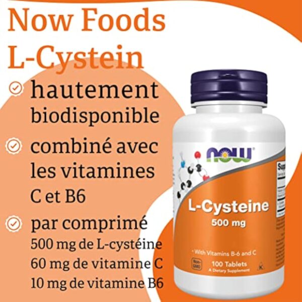 Now Foods, L-Cystéine, 500mg, 100 Comprimés, Acide Aminé, Testé en Laboratoire, Sans Gluten, Sans Soja, Sans OGM – Image 6