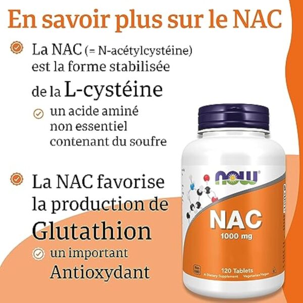 Now Foods, NAC (N-Acetyl Cysteine), 1.000mg, 5 Jours de Réserve, Complément Alimentaire, 120 Comprimés végétaliens, Testé en Laboratoire, Sans Soja, Sans Gluten, Végétalien – Image 4
