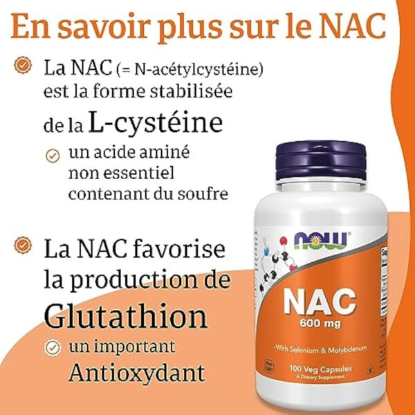 Now Foods, NAC (N-Acétyl Cystéine), 600mg Dépôt de 3 Jours, Complément Alimentaire, 100 Capsules végétaliennes, Testé en Laboratoire, Sans Soja, Sans Gluten, Sans OGM – Image 4